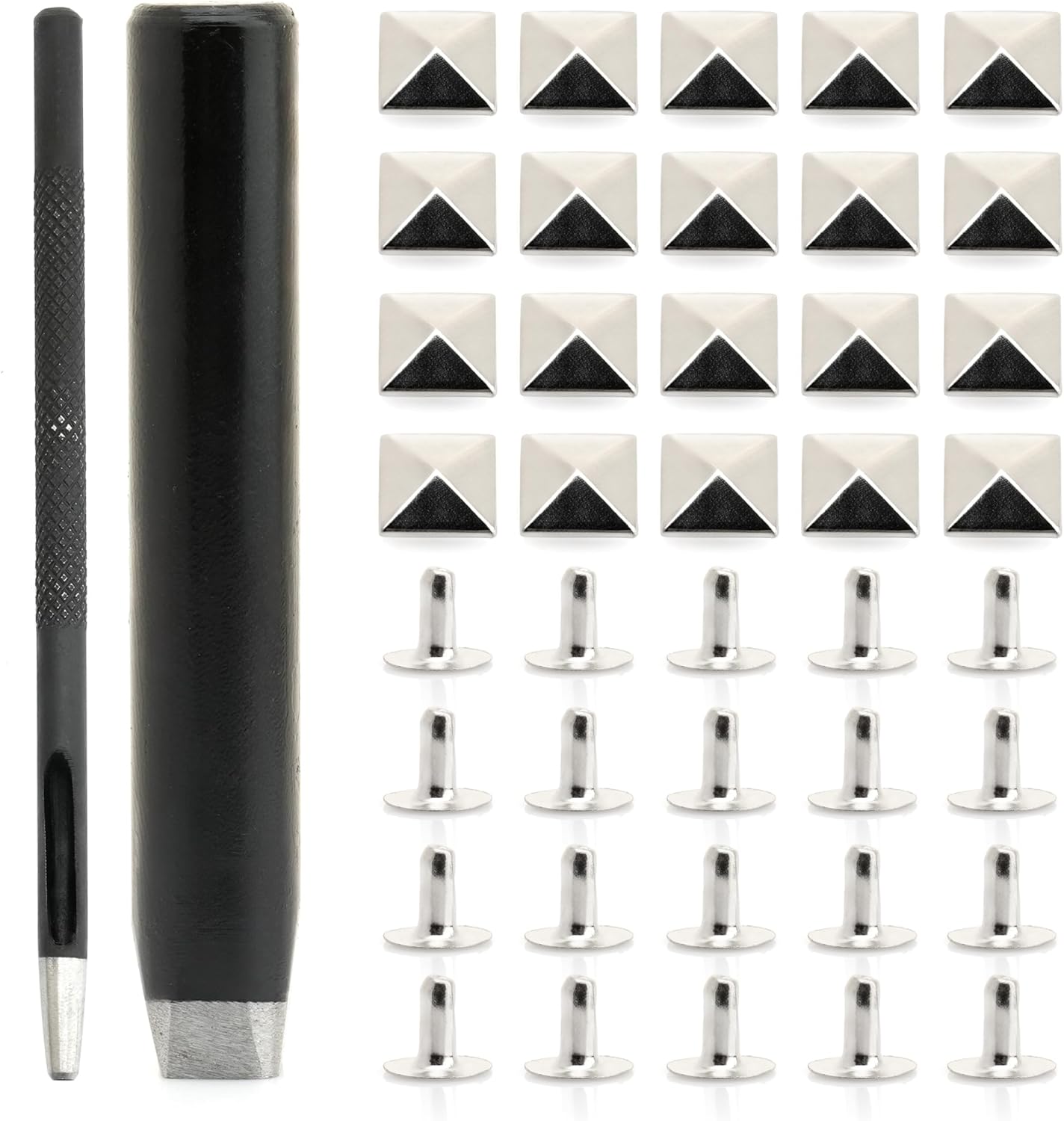 CRAFTMEMORE Pyramid Rivet Setter, Spike Rivet Setting Tool Kit, Hole Punch Cutter, 20 Pyramid Rivets in Silver (10 MM Setter)