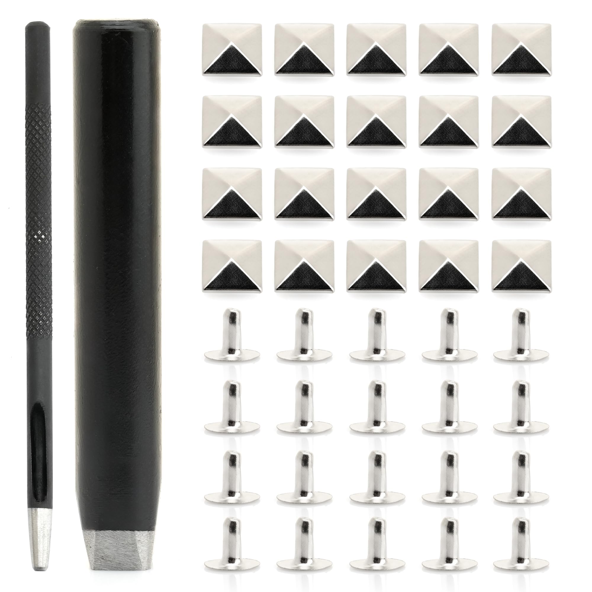 CRAFTMEMORE Pyramidennieten-Set, Spike-Nieten-Einstellwerkzeug, Lochstanzer, 100 Pyramidennieten in Silber (10 mm)