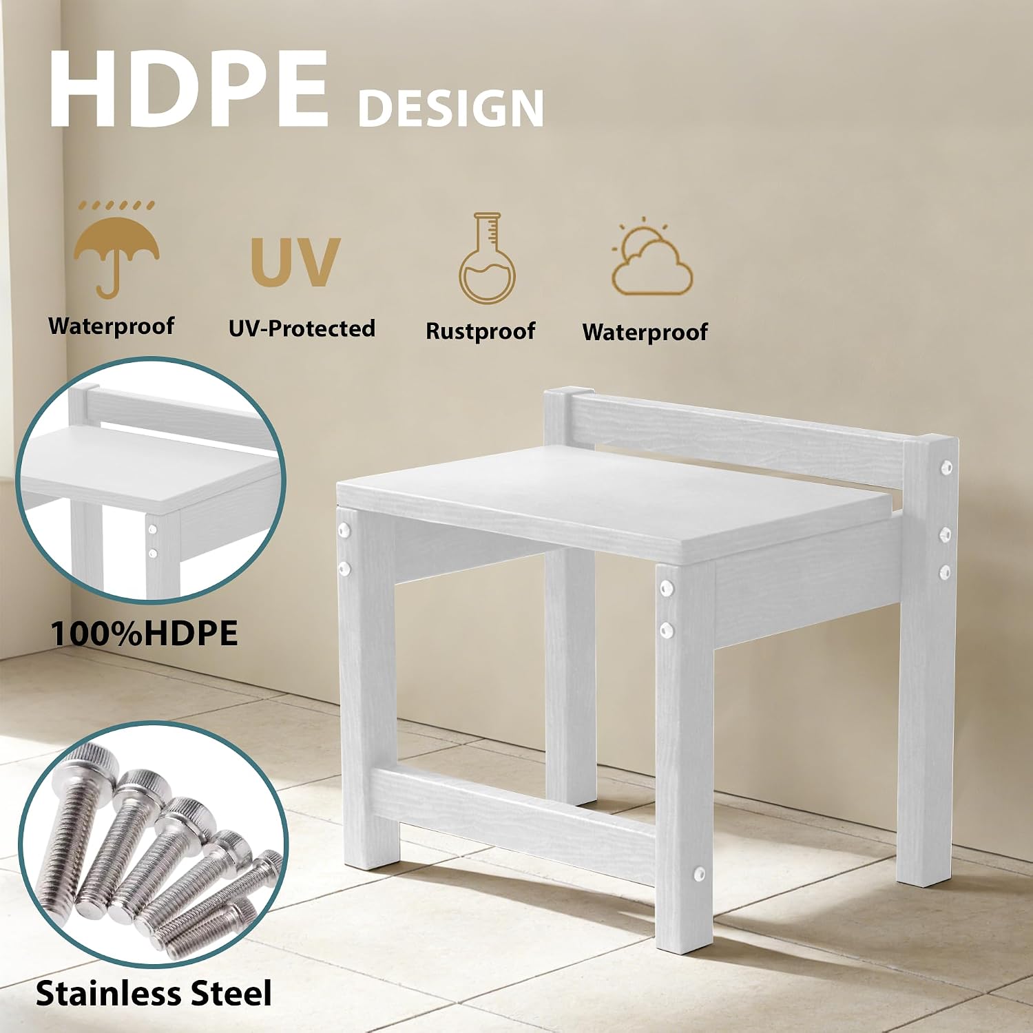 Stackable HDPE Foot Stool - All-Weather Indoor/Outdoor Seating for Patio, Living Room & Bathroom, Waterproof Windproof Heavy-Duty High-Density PE Step Stool, 2 Sets, White