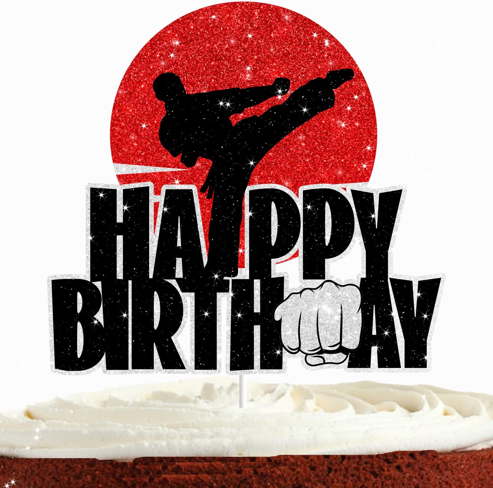 BijeodaKarate Happy Birthday Cake Topper for Boys Girls Taekwondo Cake Decor Kung Fu Karate Theme Party Decorations Gliiter Ninja Cake Decorations