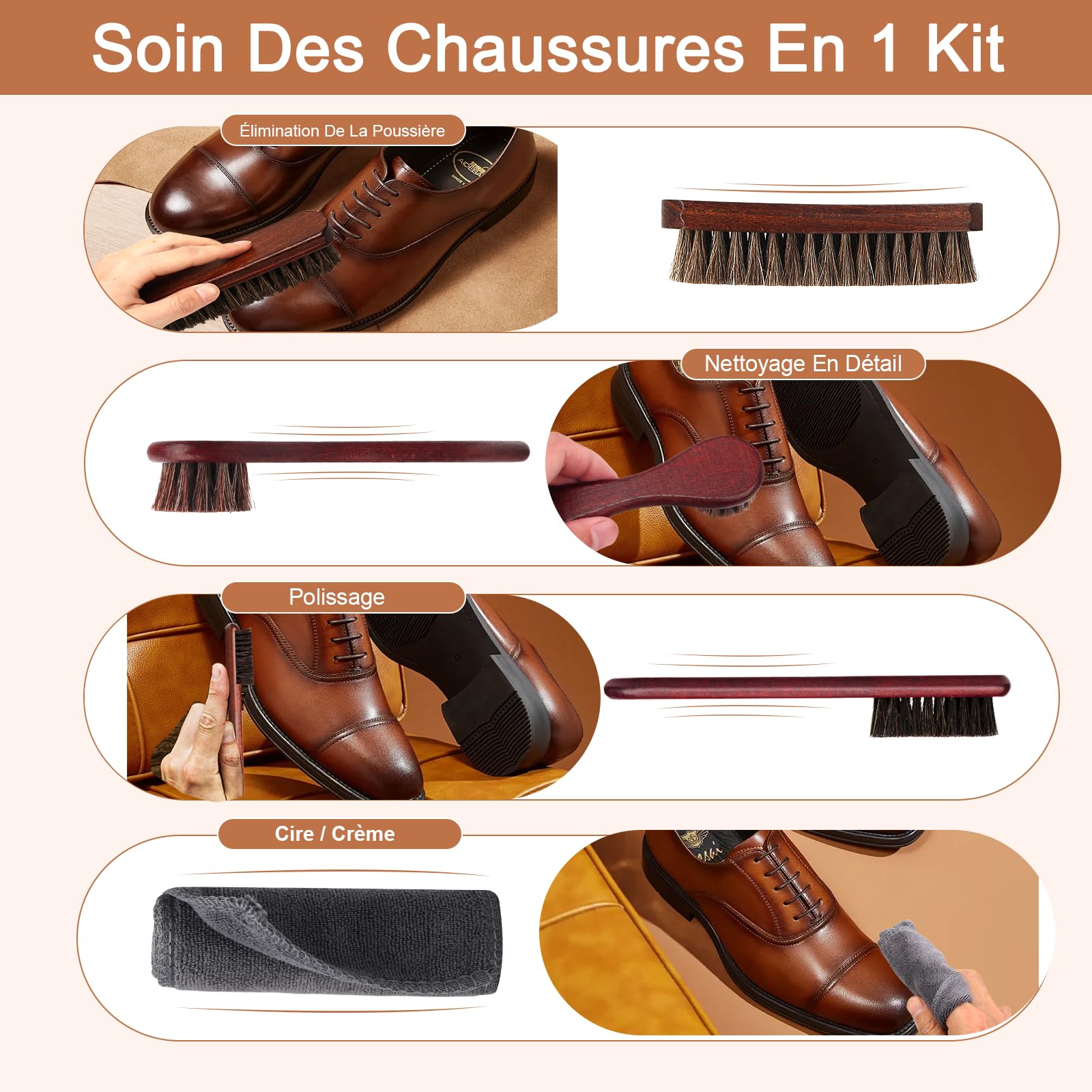 Kit 4 Pièces Brosse à Chaussures 100% CRIN de Cheval Set Entretien Cuir Bois de Hêtre Nettoyage Daim Sneakers Bottes Brosse à Luire Applicateur Chiffon Polissage Doux Naturel Cadeau Homme Coffret