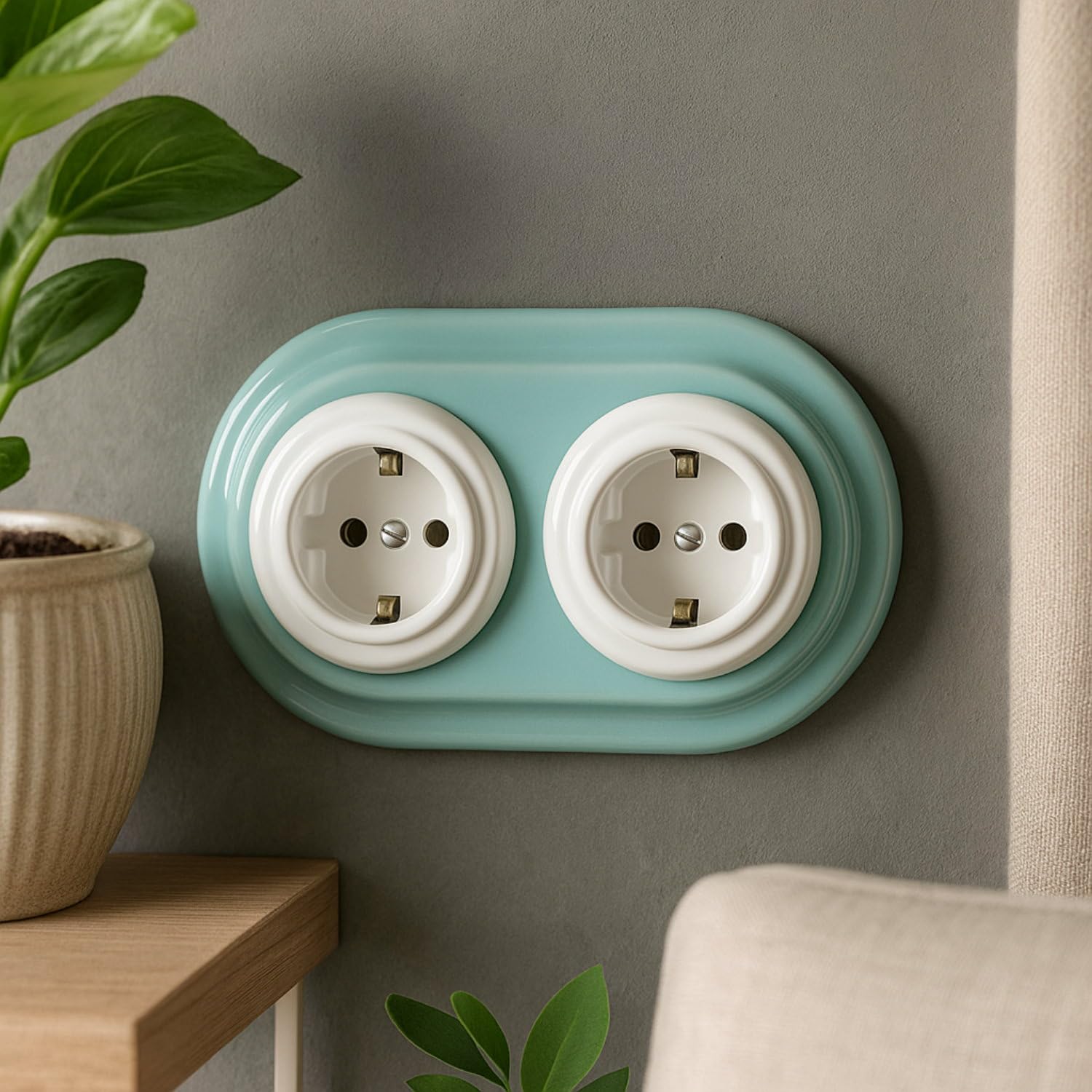Unterputz Porzellan Retro Steckdose 2-fach, All-in-One, Serie PR1 türkis