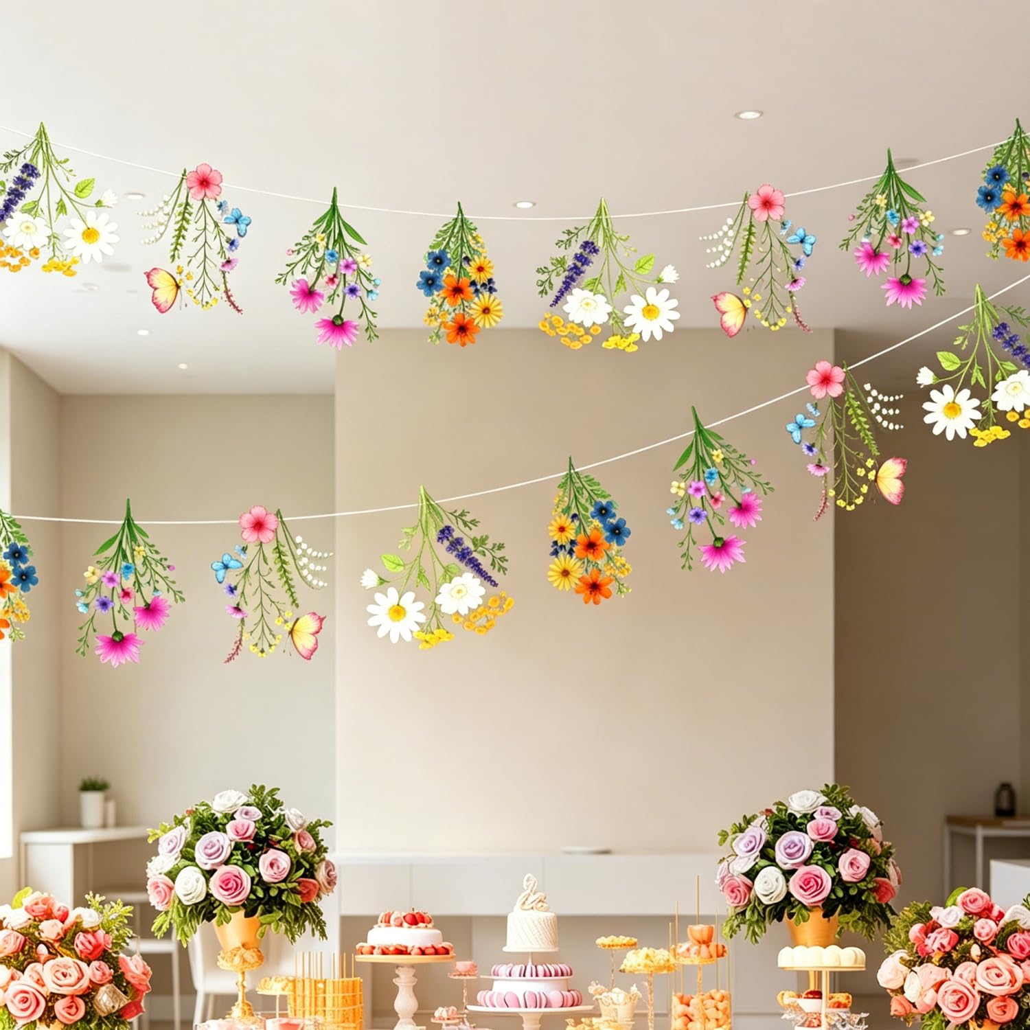 2 PCS Flower Garland for Spring Decorations, Pre-Assembled Waterproof Floral Bunting for Garden Party, Wedding, and Birthday Décor, Vibrant and Durable Festive Decorations