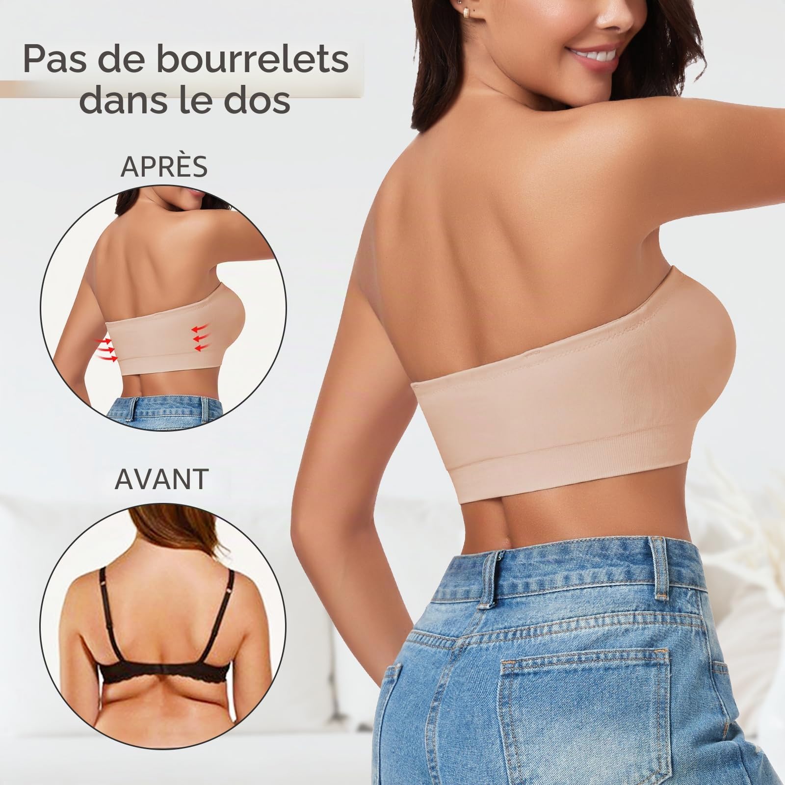 WOWENY Soutien-Gorge Bandeau sans Bretelles pour Femme sans Armatures - Bralette rembourrée sans Couture avec Bretelles Transparentes