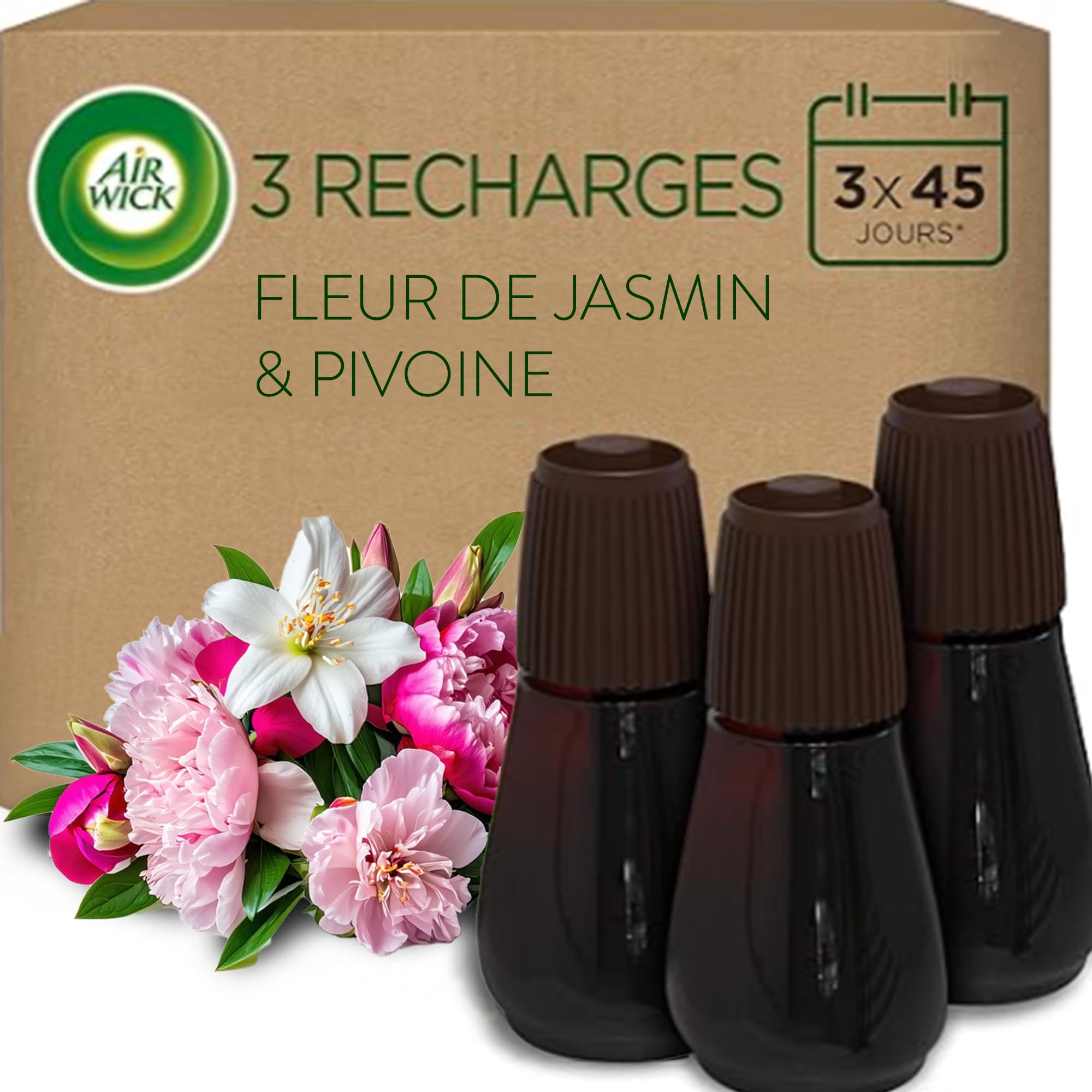 Air Wick Aroma-Öl Flakon Nachfüller – Duft: Pfingstrose & Jasminblüte – Floraler Wohnungsduft mit ätherischen Ölen – 3 x 20ml Duftöl Set