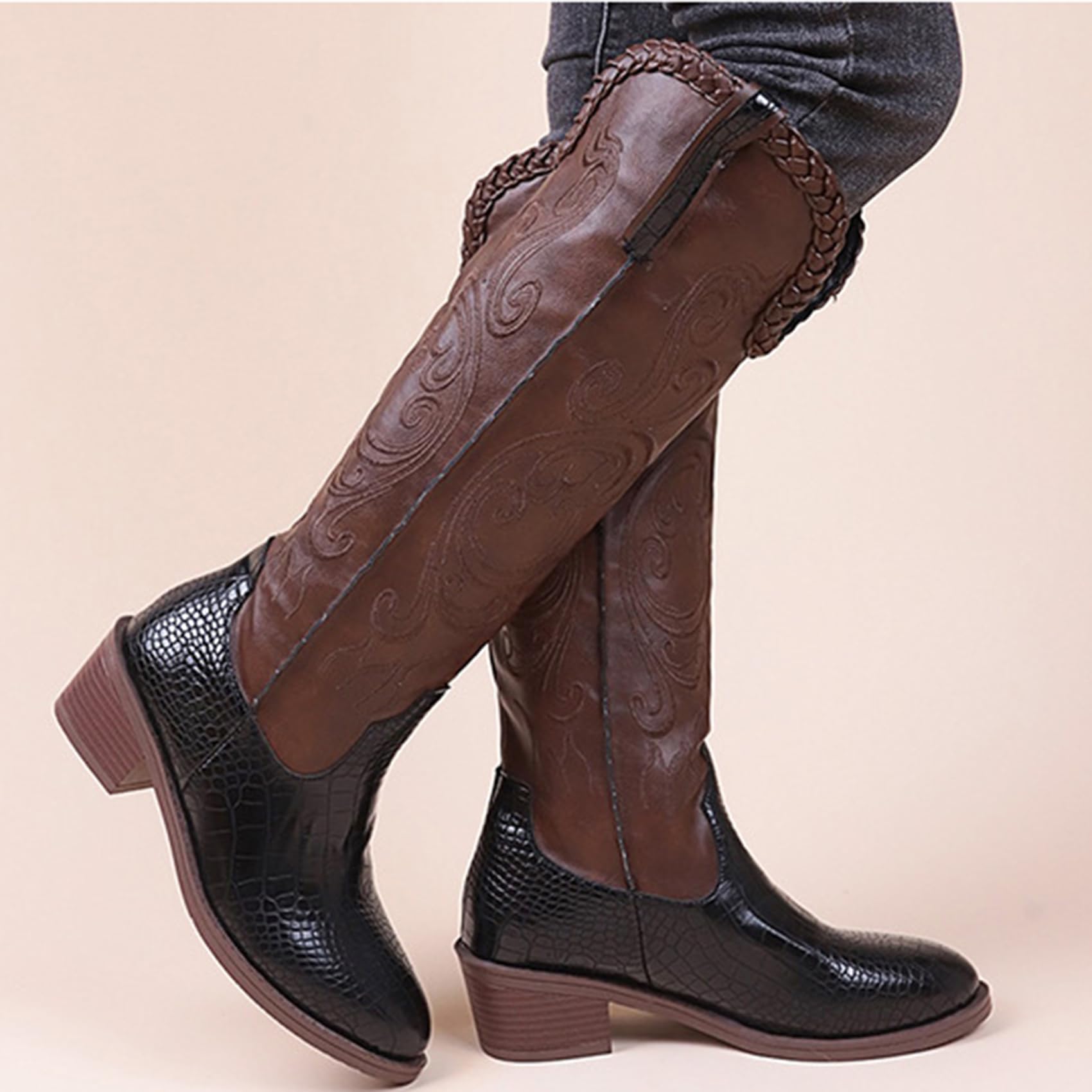 Stivali da Equitazione per Motociclista in Pelle da Donna, Stivali da Lavoro Classici Antiscivolo, Stivali Western Tradizionali Patchwork Ricamati per Il Turismo