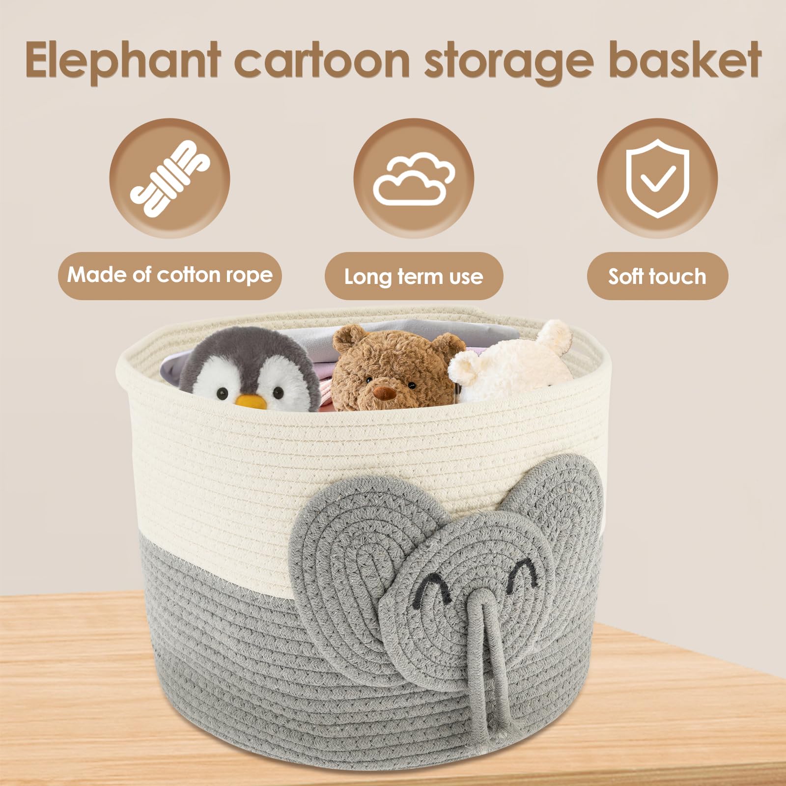 FALESOUL Large Baby Basket Toy Storage, Small Elephant Toy Storage, Woven Basket for Baby Essentials, Decorative Woven for Girls Boys Toddler Party Nurseries and Playrooms (L)
