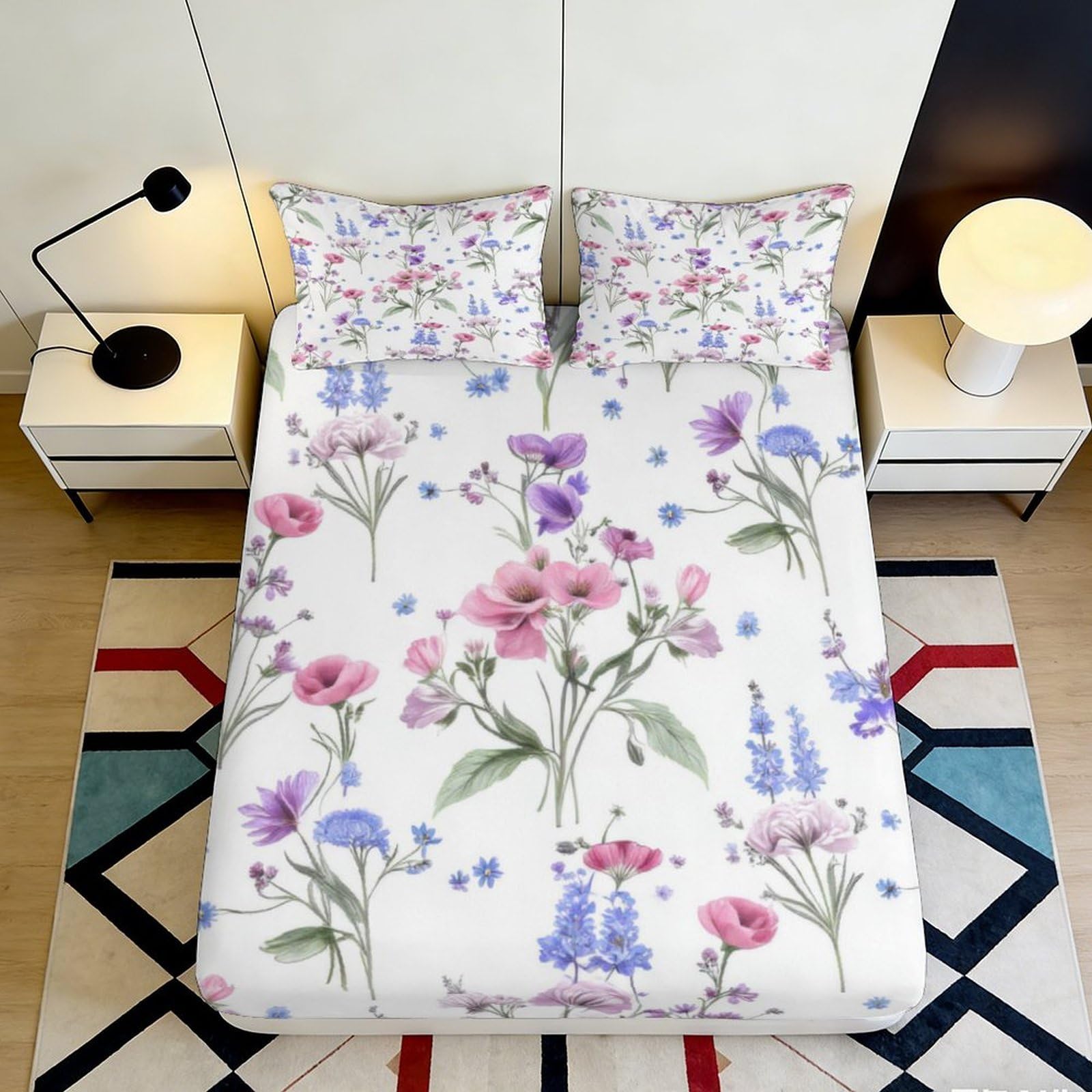 3D Printed Wildflower Meadow Fitted Sheet Microfiber Soft Breathable Botanical Bloom Mattress Cover for Bedroom Dorm Decor 200x200x25cm