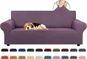 KEKUOU Stretch Sofa Cover Slipcover ,Couch Covers for 3 Cushion Couch Sofa pet Friendly (78"-94") Furniture Protector Sofa with Elastic Bottom for Kids,Dog, Jacquard Small Checked(Large,Dark Purple)