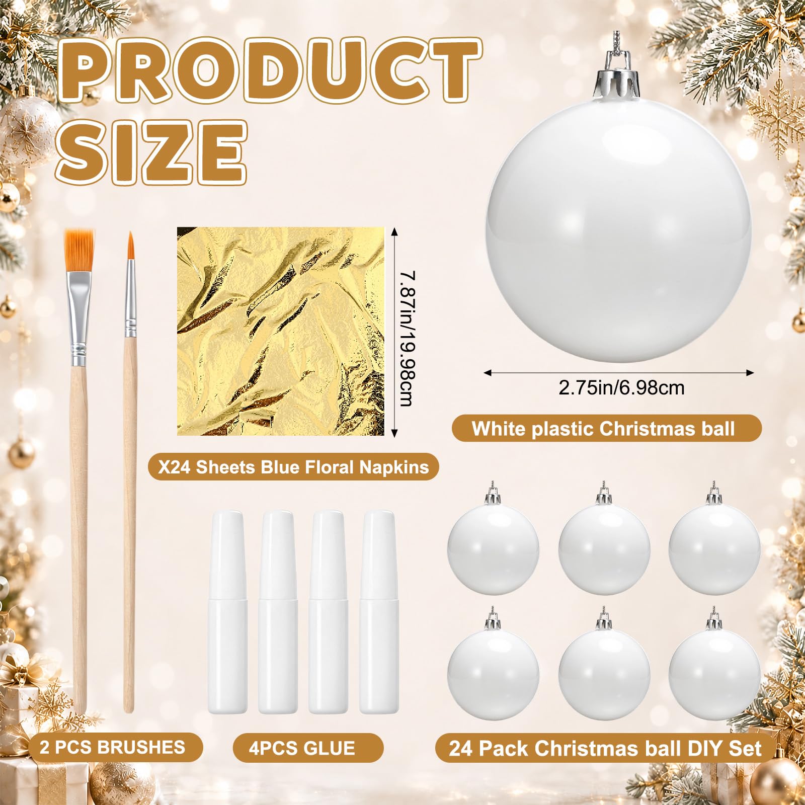 Civaner Kit fai da te con foglie dorate, palline di Natale bianche