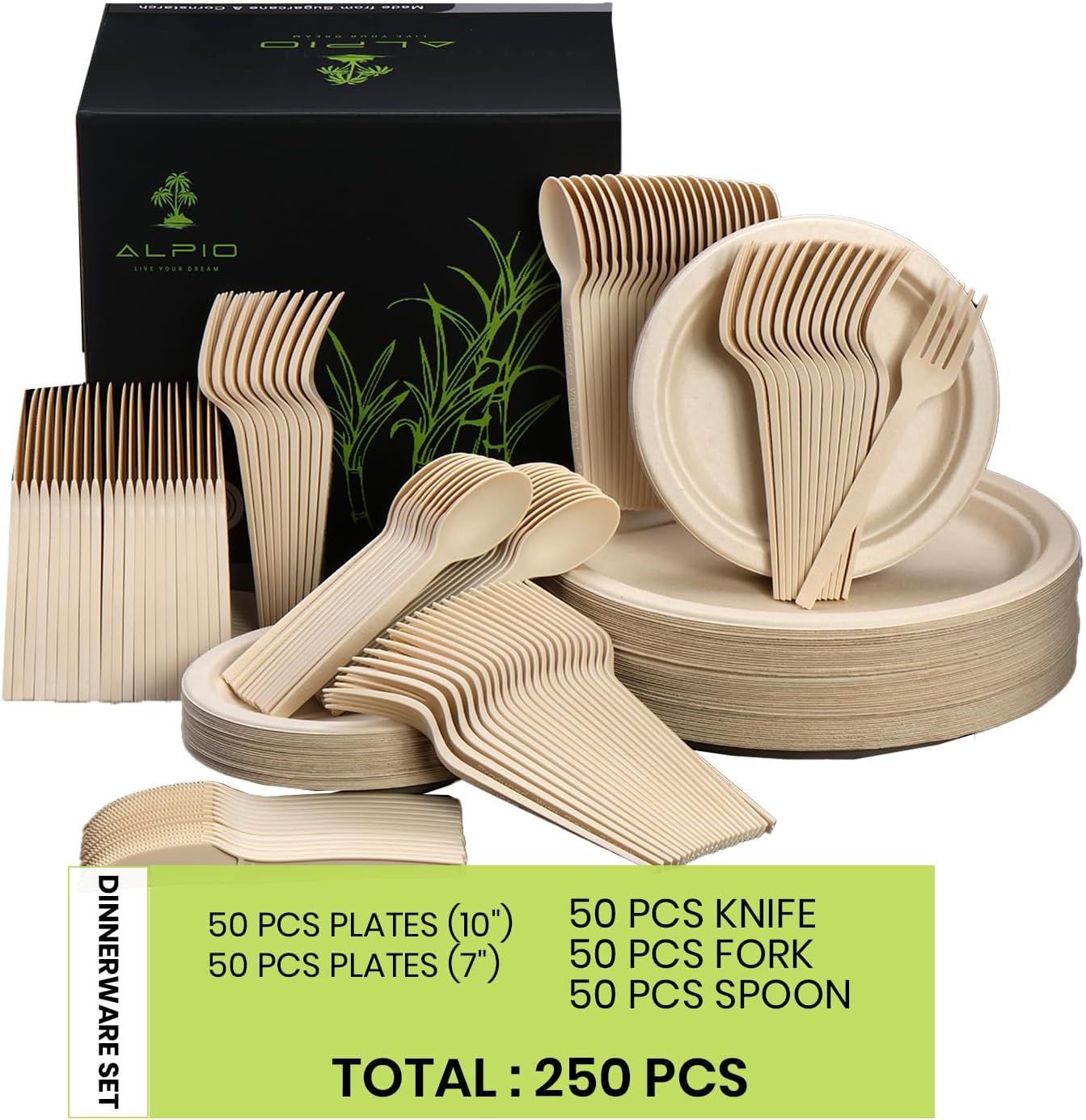 ALPIO 250 Piece Compostable Dinnerware Set for 50 Guests – Biodegradable Paper Plates, Eco-Friendly Disposable Utensils, Includes Paper Plates, Forks, Knives, Spoons, Brown
