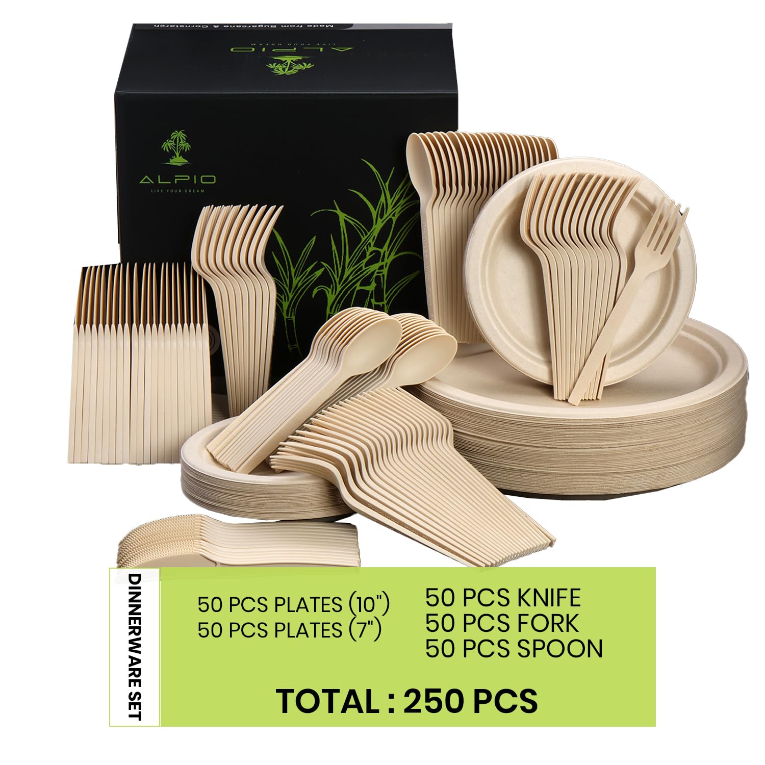 ALPIO 250 Piece Compostable Dinnerware Set for 50 Guests – Biodegradable Paper Plates, Eco-Friendly Disposable Utensils, Includes Paper Plates, Forks, Knives, Spoons, Brown