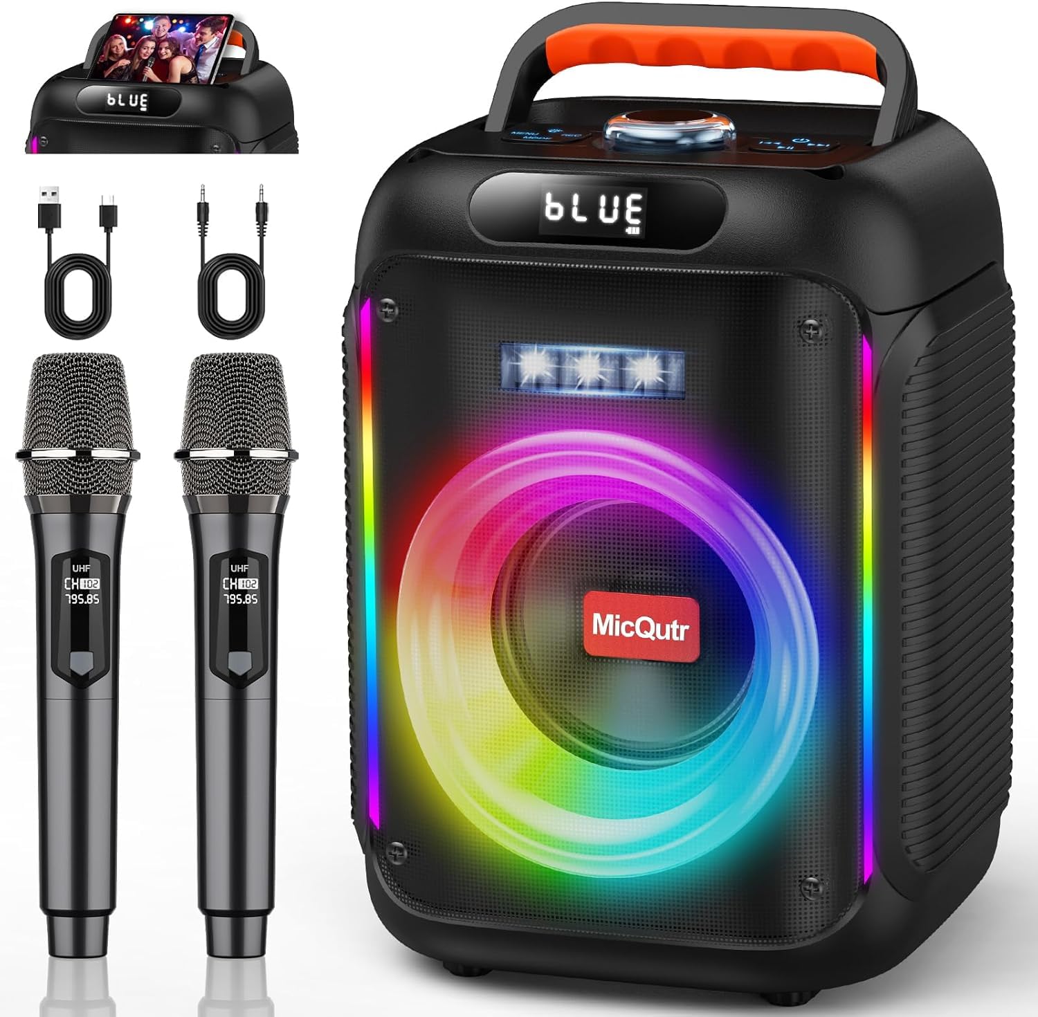 Karaoke-Maschine mit 2 Mikrofonen für Erwachsene Kinder, Bluetooth-Caraoke-Lautsprecher mit Bass/Höhenverstellung, PA-System mit Fernbedienung/LED-Lichter, unterstützt Rec/USB/AUX (dunkelschwarz)