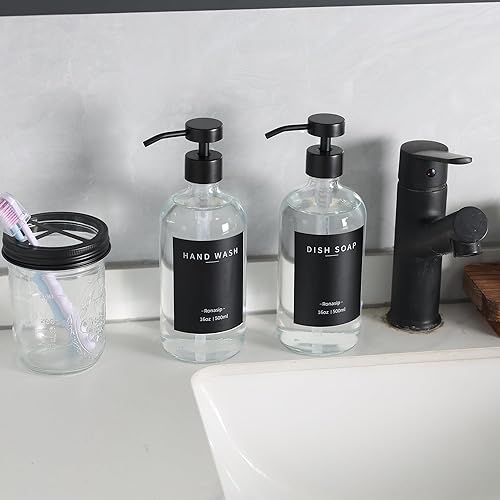 Miniatura 8 de Juego de 5 dispensadores de jabón de cocina de 16 onzas con bomba de acero inoxidable, bandeja de cemento, cepillo para fregar platos para