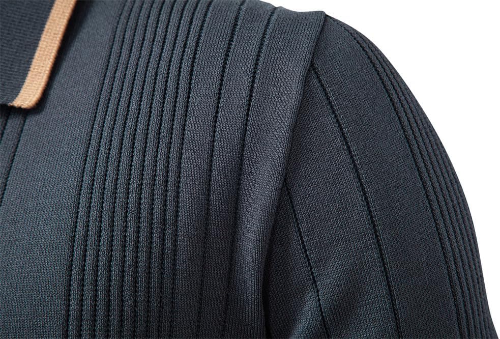 Men's Long Sleeve Knitted Collar Sweater, Solid Color, Polo Style, Elastic Threaded Cuffs and Hem