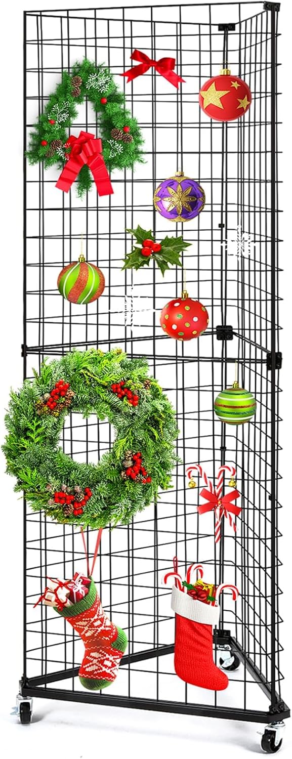 GADFISH Triangular Gridwall Panel Display Stand, Black Triangle Wire Grid Tower with Base and Casters, 24" x 68" Rolling Grid Wall, Panel Stand for Home Organization, Retail, Trade Show, Vendor