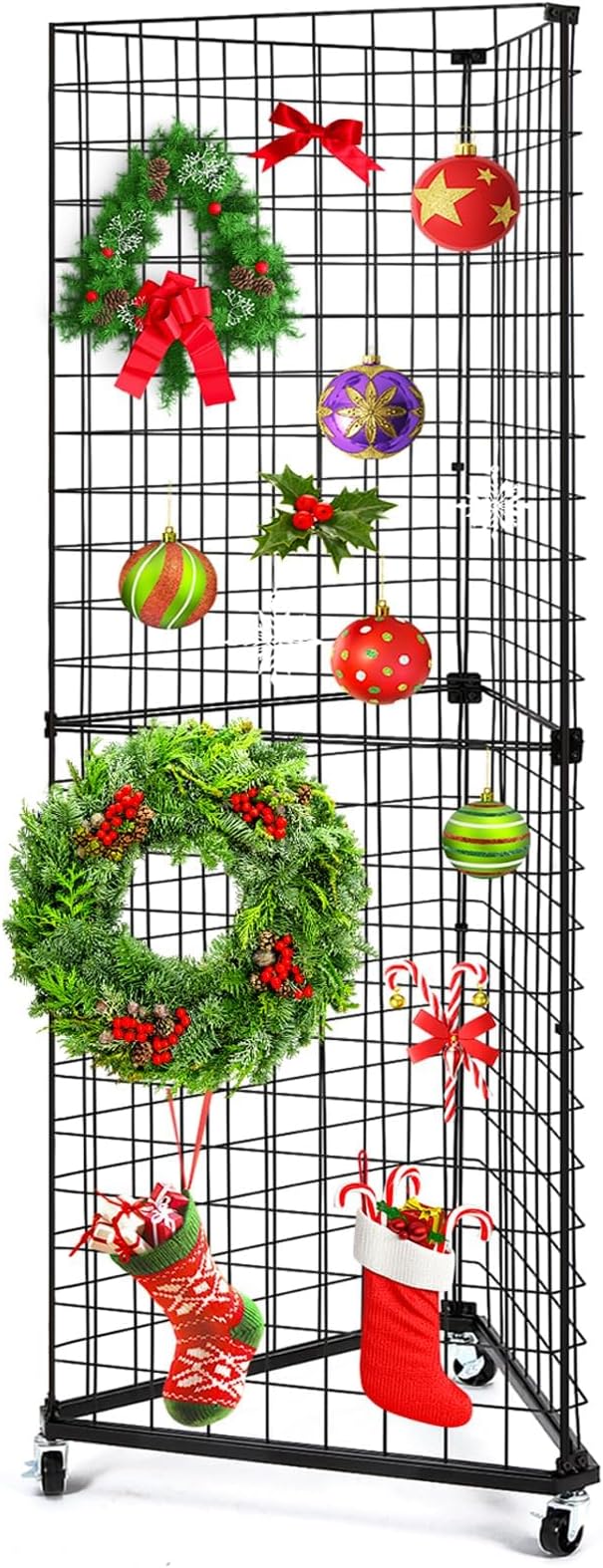 GADFISH Triangular Gridwall Panel Display Stand, Black Triangle Wire Grid Tower with Base and Casters, 24" x 68" Rolling Grid Wall, Panel Stand for Home Organization, Retail, Trade Show, Vendor
