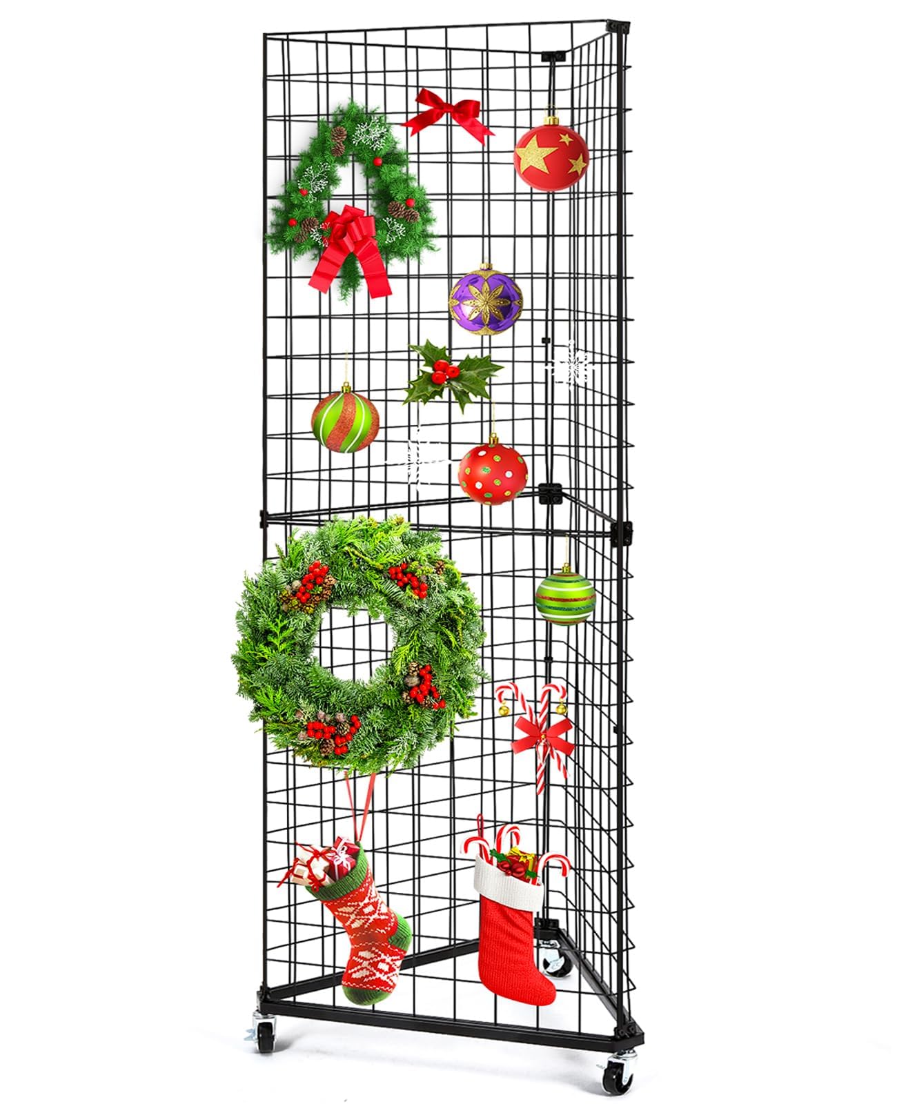 GADFISH Triangular Gridwall Panel Display Stand, Black Triangle Wire Grid Tower with Base and Casters, 24" x 68" Rolling Grid Wall, Panel Stand for Home Organization, Retail, Trade Show, Vendor