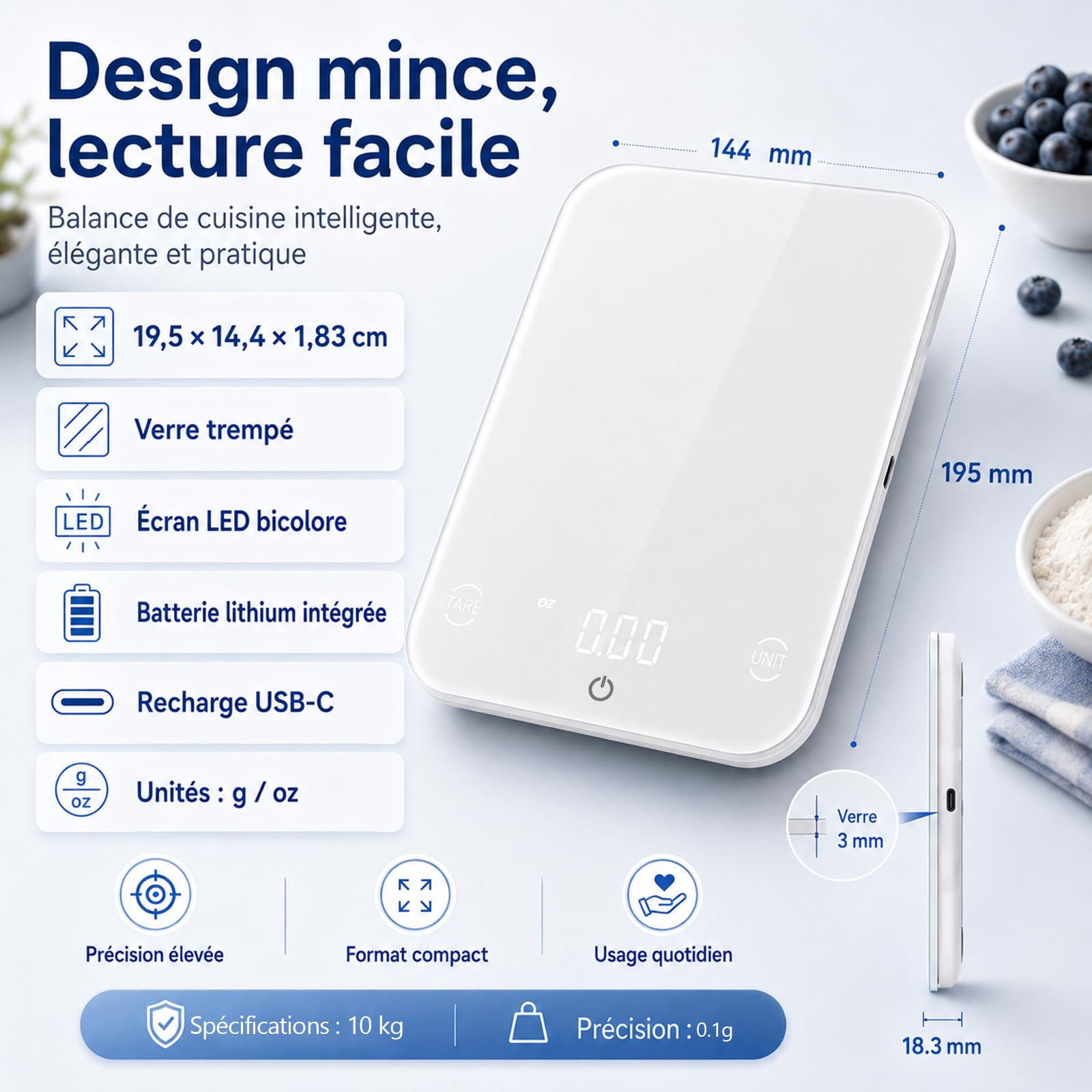 Balance de cuisine intelligente à valeur nutritive – Capacité de pesée : 10 kg – Division : 0,1 g – Bluetooth 5.0 – Mini-programme – Scan de code-barres – Plateau en verre trempé