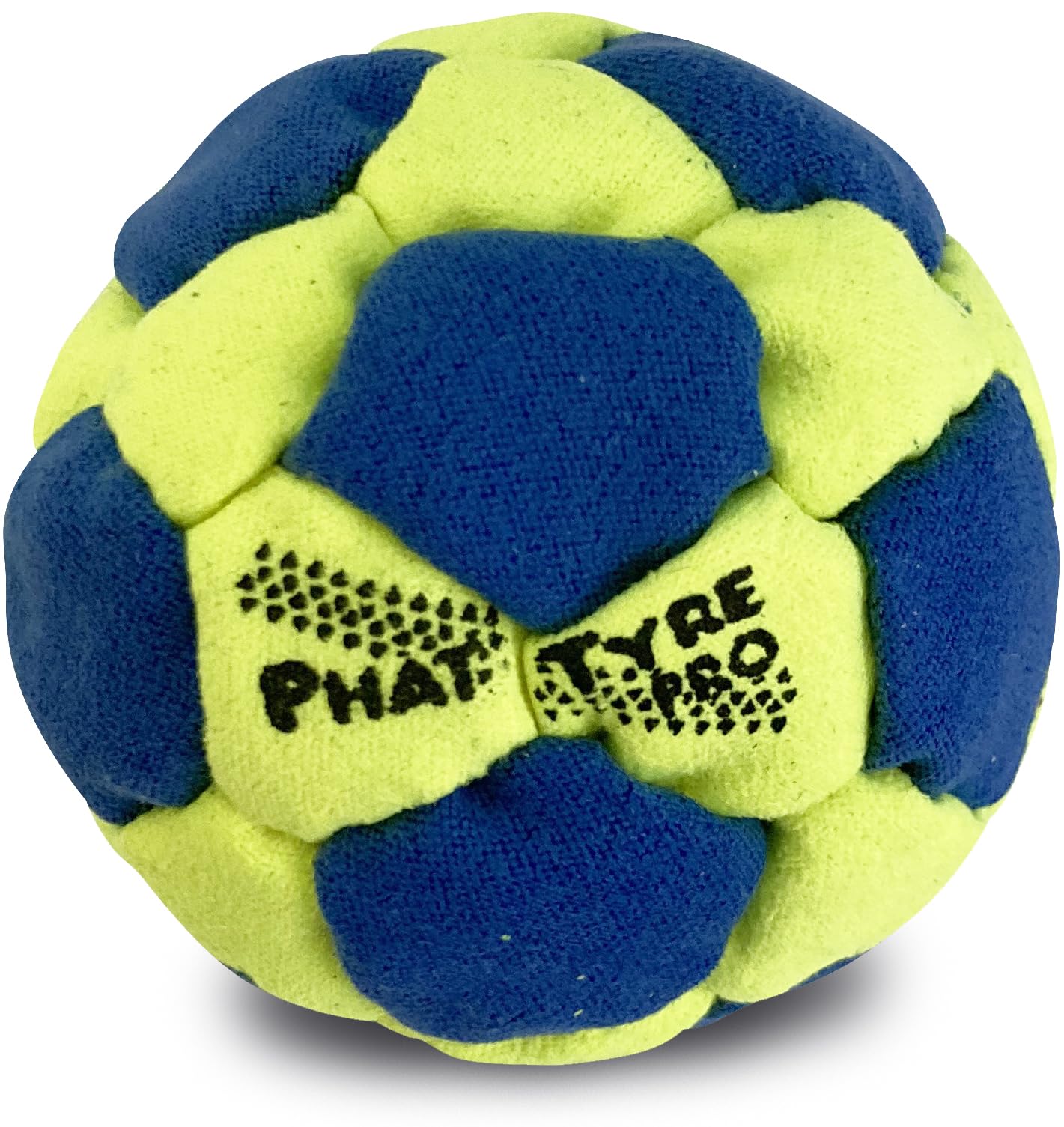 DIRTBAG PT Pro 32 Panel Footbag Hacky Sack, Flying Clipper Original Design, Steel Pellet Filled for Maximum Control Handsewn - Fluorescent Yellow/Blue.