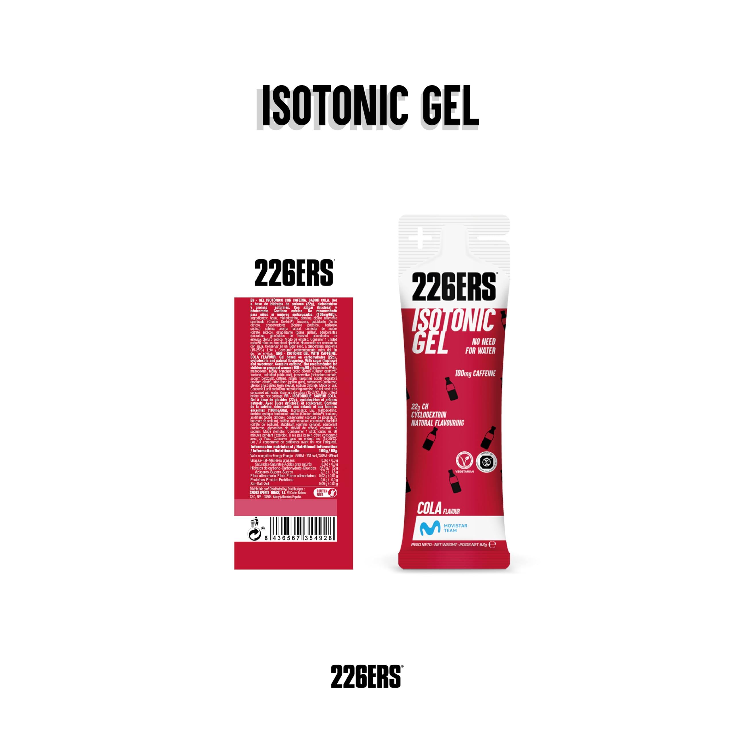 226ERS - Isotonic Gel, Gel Energético para Deportistas, Hidratos de Carbono, Cafeína y Stevia, Liberar Energía, Uso Glucosa y Digestión, Vegano, sin Gluten, Libre de Dopaje, Sabor Cola, 1 Gel