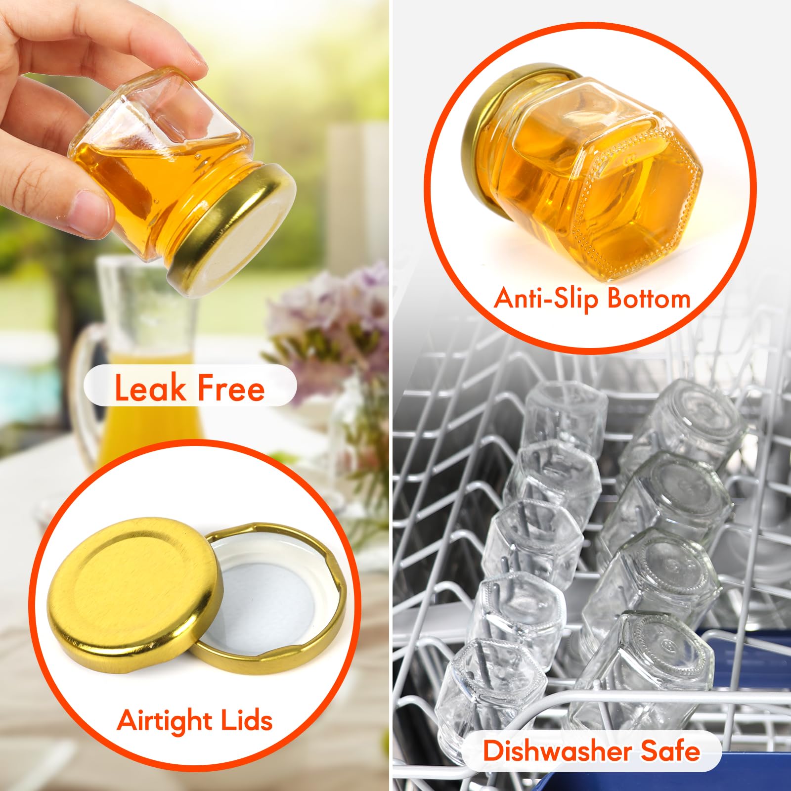 AuroTrends Mini Honey Jars with Dipper 1.5oz 8Pack, Empty Hexagon Honey Jars for Baby Shower Favors/Wedding Favors/Party Gifts- Mini Glass Jars with Gold Lids