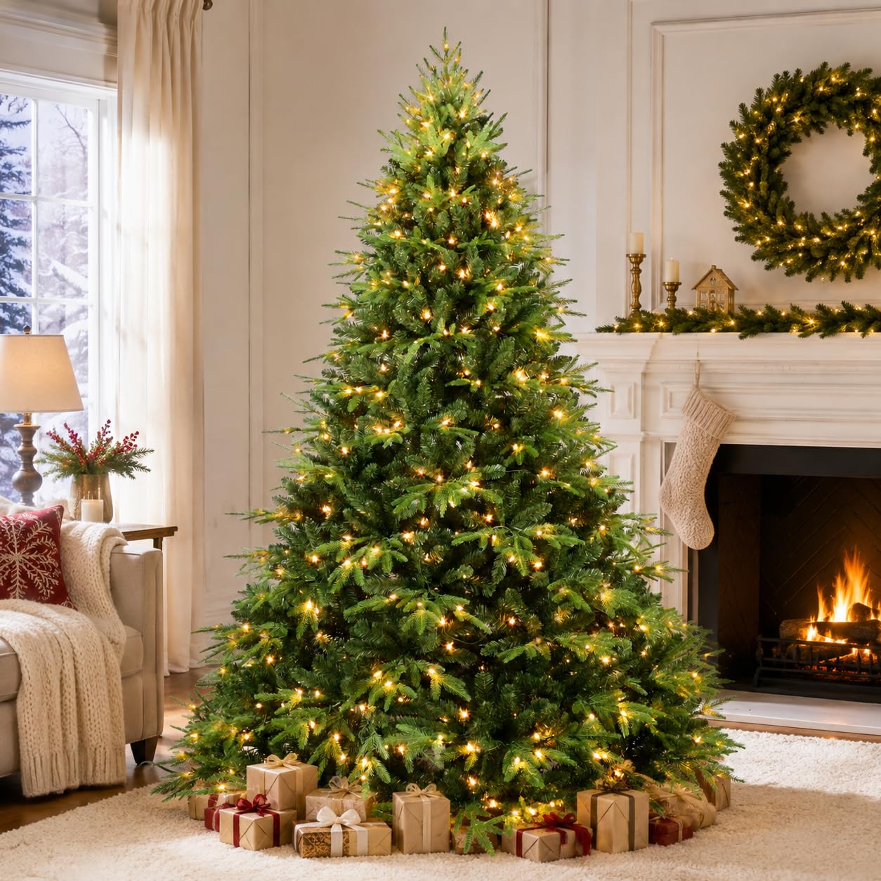 6.5FT Prelit Christmas Tree, Premium Artificial Christmas Tree with 300 Warm White Lights and 2225 PE/PVC Mixed Branch Tips, Realistic Pre Lit Full Hinged Xmas Trees for Home Party Holiday Decoration