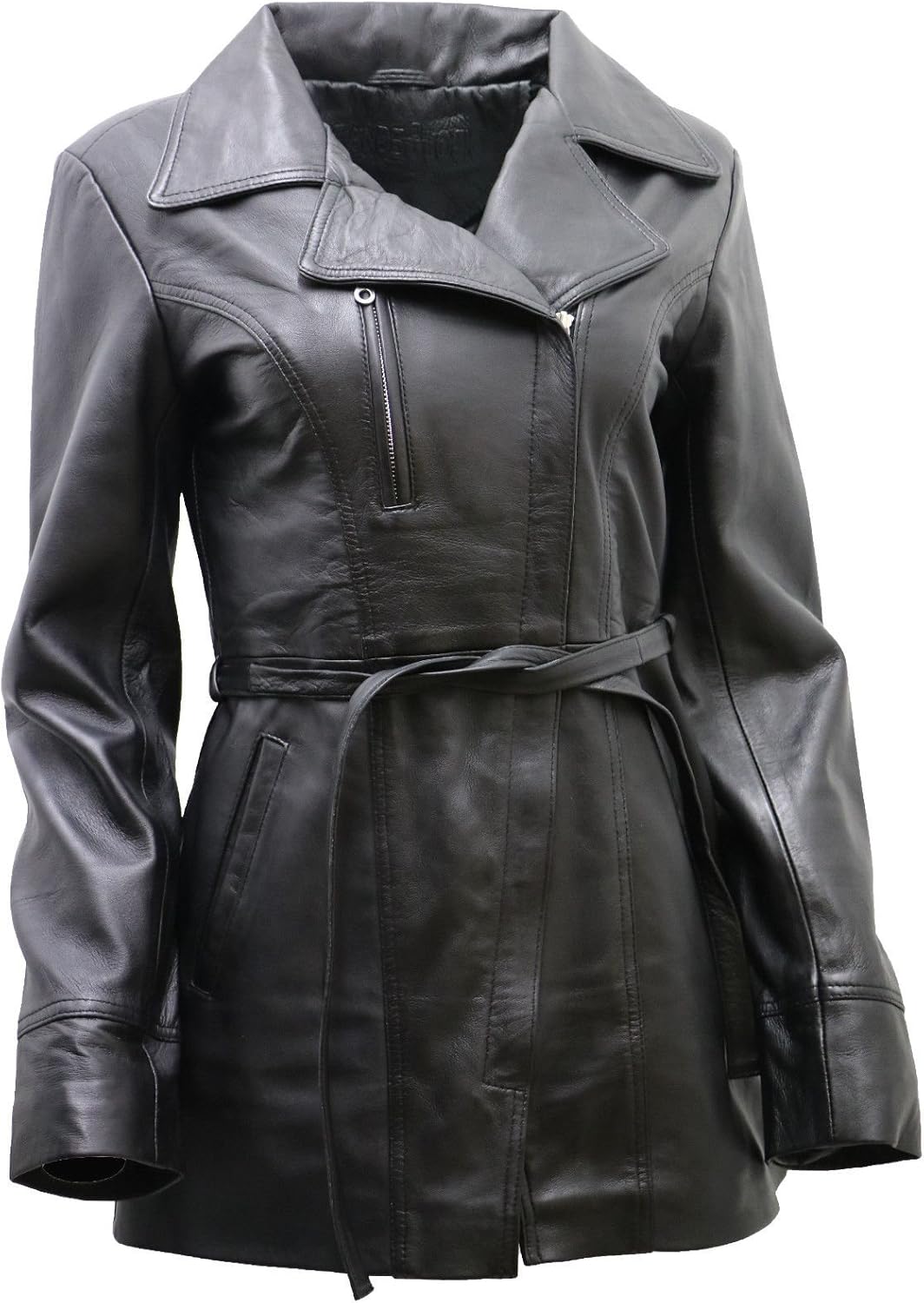 Women's Black, Brown, Tan Nappa Leather Long Biker Jacket with Belt - Image 2