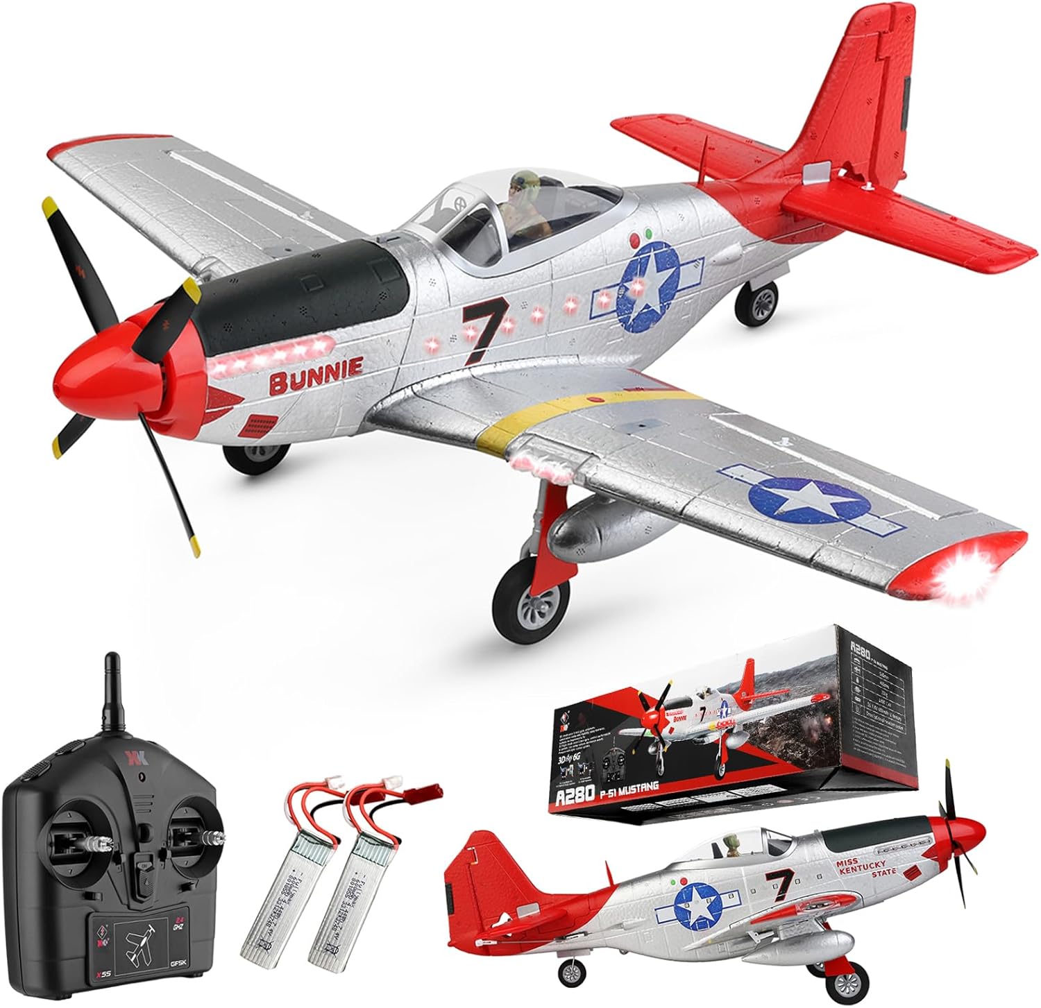 Large 560MM P51 P51D Mustang Remote Control Combat Aircraft 4CH XK A280 3D/6G Aerobatic LED Brushless RC Aircraft Full-Function for Professional Players (2 Batteries)