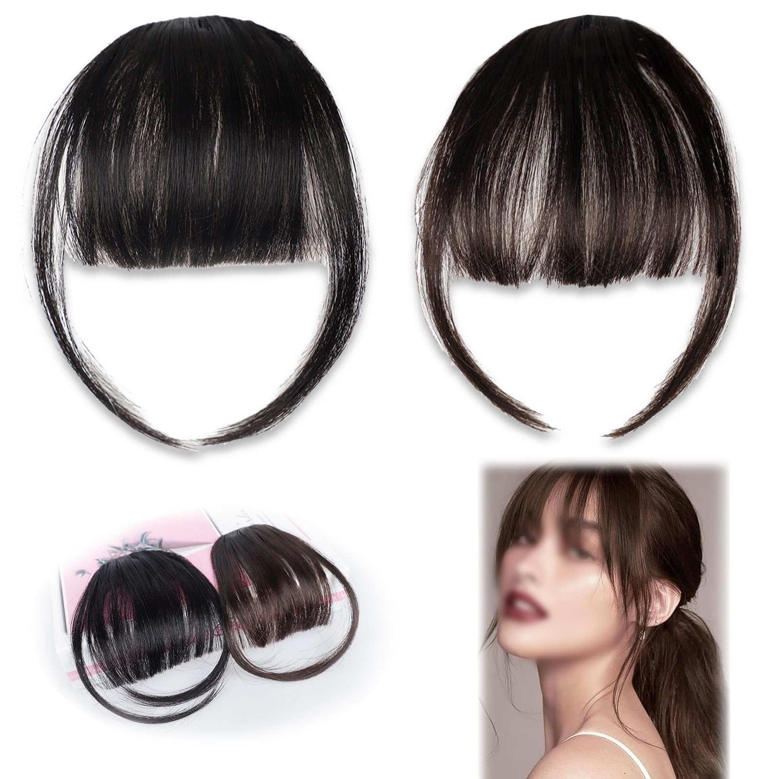 2Pcs Clip in Fringe, Clip in Bangs for Women Hair Extensions with Temples Hairpieces, Natural Curved Bangs for Daily Wear-Black & Dark Brown