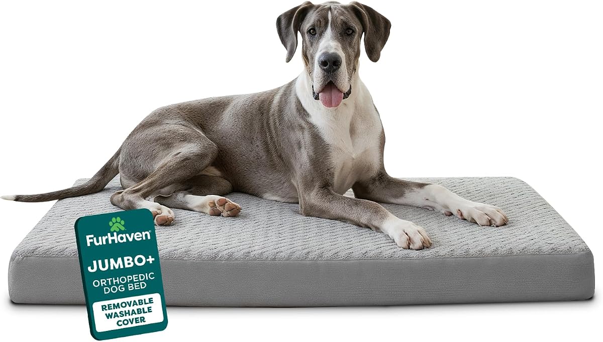 FurHaven Cama ortopédica para perros grandes, cama estilo colchón, huevera con base de espuma ortopédica sólida para soporte de articulaciones, funda lavable, Jumbo Plus XXL, piel sintética y ante, gris
