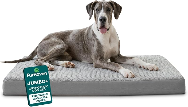 FurHaven Cama ortopédica para perros grandes, cama estilo colchón, huevera con base de espuma ortopédica sólida para soporte de articulaciones, funda lavable, Jumbo Plus XXL, piel sintética y ante, gris