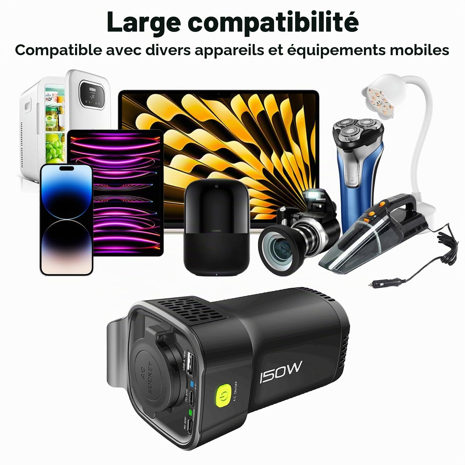Convertisseur Transformateur Chargeur pour Voiture 150W 12V 220V-240V Onduleur DC/AC avec Ports De 30W 3A Double Typ-C and USB 3.0 18W Charge Rechargez Votre Ordinateur Portable Phone Tablet et Plus