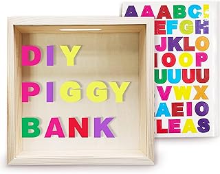 Shadow Box Piggy Banks for Kids and Adults, Decorative DIY Wooden Frame Piggy Bank, Coin Bank Money Bank, 6.5x6.5x2.2 Inch, Natural Wood Money Box with Alphabet Sticks