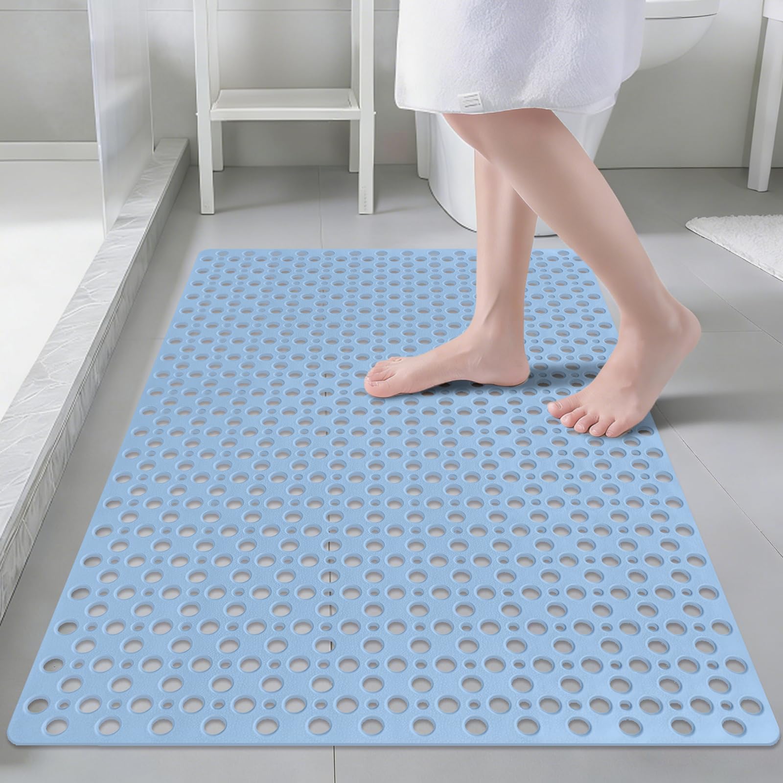 Tapis de douche antidérapant et anti-moisissure 60 x 90 en TPE avec ventouses pour douche et baignoire, lavable en machine avec trous de drainage (bleu pur, rectangulaire, 60 x 90 cm)