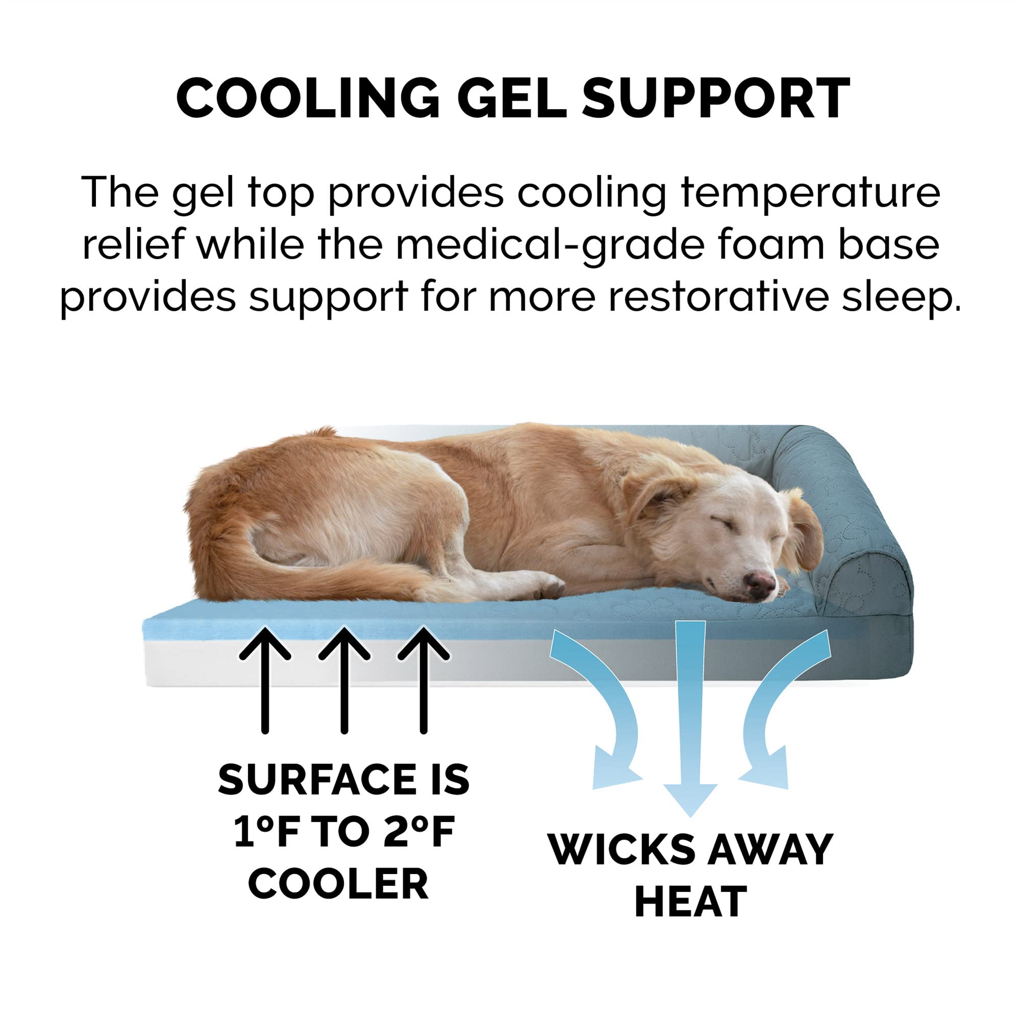 FurHaven Cama de Gel refrescante para Perros Grandes con Refuerzos extraíbles y Funda Lavable, para Perros de hasta 95 Libras, diván Acolchado Pinsonic en Forma de L, Piedra Azul, Jumbo/XL