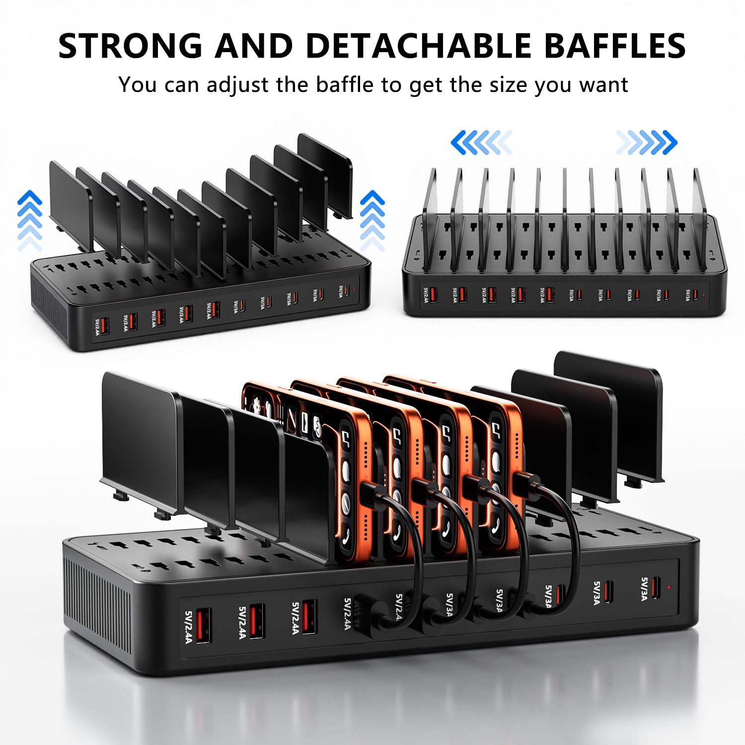 Chargeurs USB C Multiples, Adaptateur Secteur 100W 10 Port, avec séparateur Amovible réglable, Bloc d'alimentation USB-C, Compatible avec iPhone/Samsung/Google/Tablettes/USB Appareils.