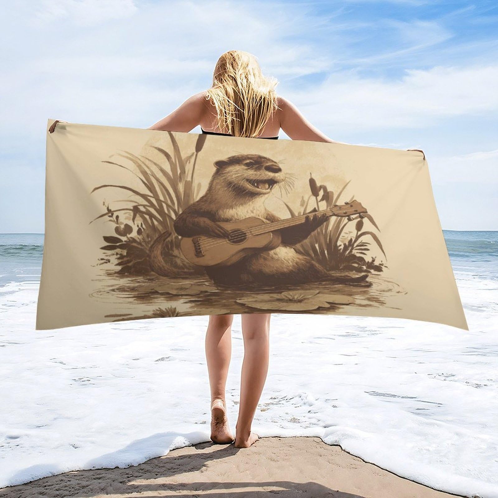 Luyysky Cute Abstract Otter Playing Guitar Absorbent Beach Towel, Modern Realistic Music Theme Animal Otter Lotus Leaves Outdoor Single-Sided Velvet Beach Towel-80 W Cm X 160" L Cm