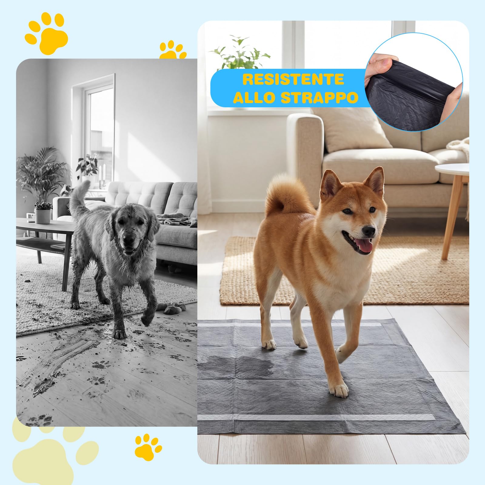 COSTWAY Tappetini Igienici per Cani al Carbone Attivo, 6 Strati Impermeabili per Addestramento Pipì Cani e Conigli, Rapido Asciugatura, Usa e Getta per Interni ed Esterni, 60x60cm