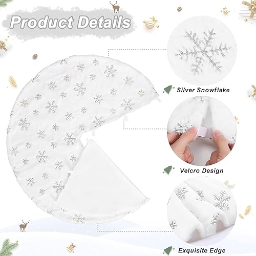 Miniatura 5 de Falda de árbol de Navidad de 48 pulgadas, falda de árbol de piel sintética blanca con copos de nieve plateados, tapete grande de felpa para árbol de
