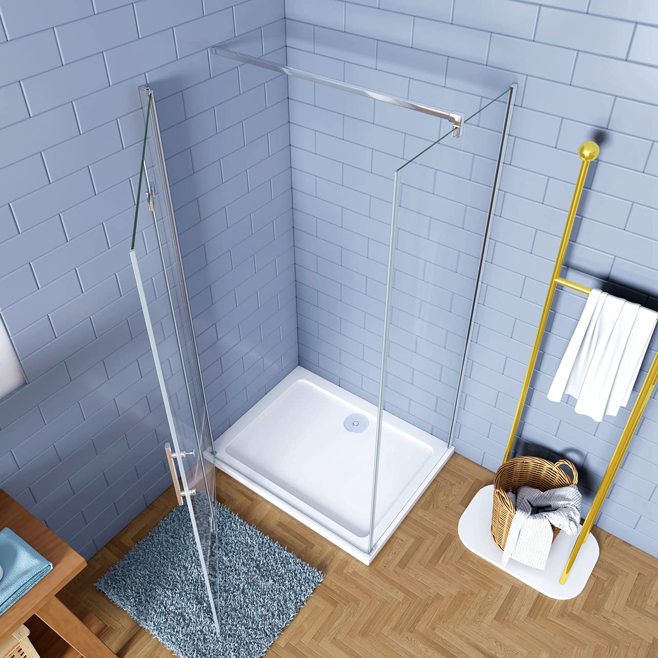 195cm Box Doccia Angolare Porta Battente Pieghevole con Parete Fissa 120x80cm in Vetro Temperato 6 mm Anticalcare Barra Stabilizzatrice da 140 cm Cromo Lucido