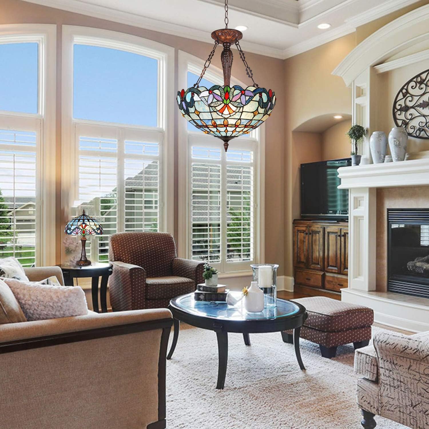 Capulina Tiffany Lamp Stained Glass Pendant Lights Chandelier 3-Light 18 Inches Wide Victorian Antique Hanging Lamp for Dining Living Room Bedroom Hallway Foyer Kitchen Island