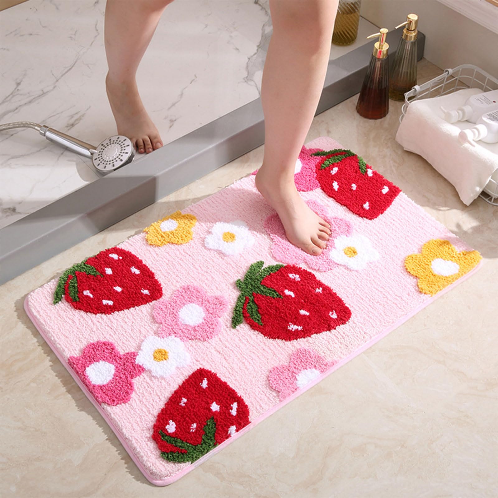 Generisch Tappetino da bagno con motivo floreale di fragole, morbido tappeto da bagno con fondo antiscivolo, decorazione facile da pulire, comodo tappeto da bagno