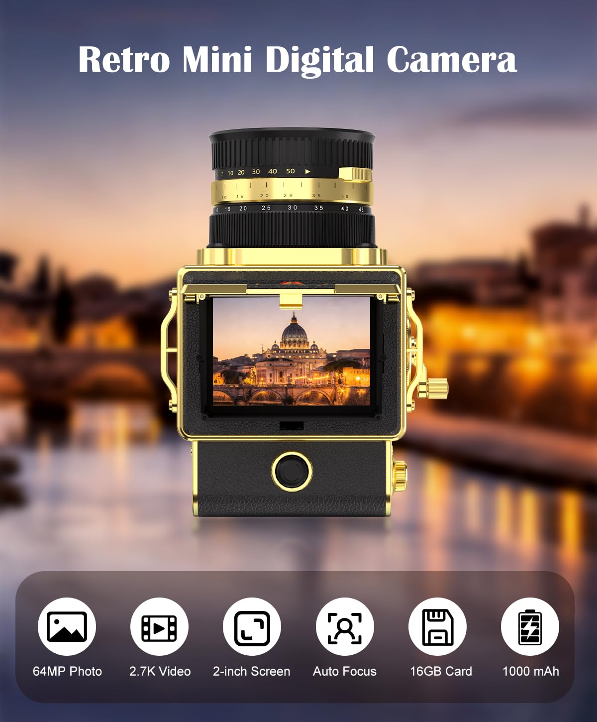 Cámara digital retro – Mini cámara de video vintage de 2.7 K, 64 MP de enfoque automático, cámaras de fotos pequeñas compactas con tarjeta de 16 GB para principiantes, adultos, adolescentes y