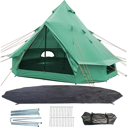 DANCHEL OUTDOOR B1 Portable Yurt with Footprint, Waterproof 4-6 Persom Family Camping Bell Tent 300D Oxford Nylon UPF50+ Sun Protection, Green 13ft/4m
