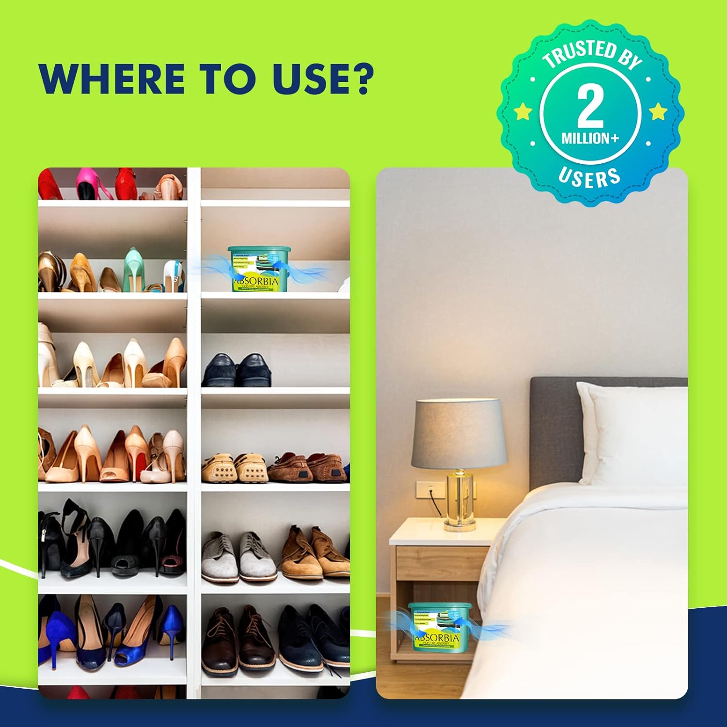 ABSORBIA Moisture Absorber, Classic - Dehumidier For Wardrobe, Cupboards & Closets, Fights Against Moisture, Absorption Capacity 600Ml Each, Family Pack Of 3 (300Gms X 3 Boxes), Green
