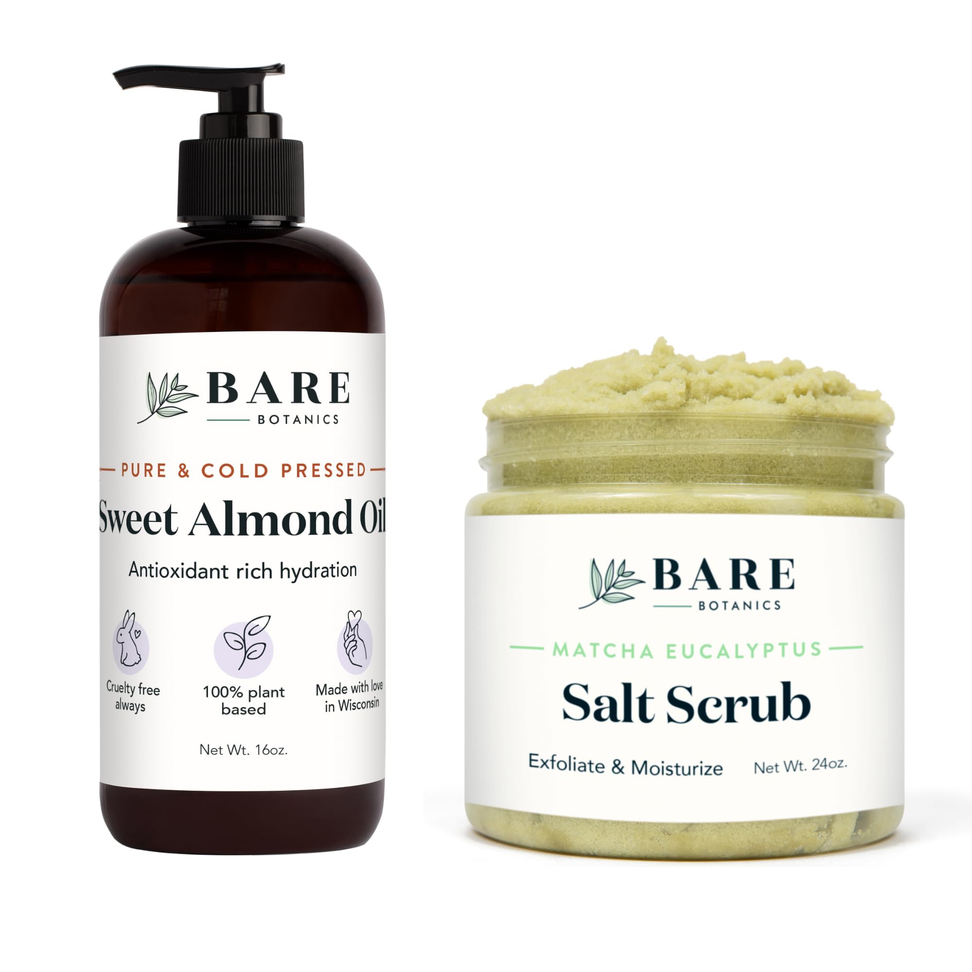 BARE BOTANICSSweet Almond Hair & Body Oil + Matcha Eucalyptus Body Salt Scrub