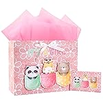 Loveinside Baby Girl Gift Bag Pink Animal Design with Tissue Paper and Greeting Card for Baby Shower, New Parents, and More - 13 x 10 x 5, 1 Pcs