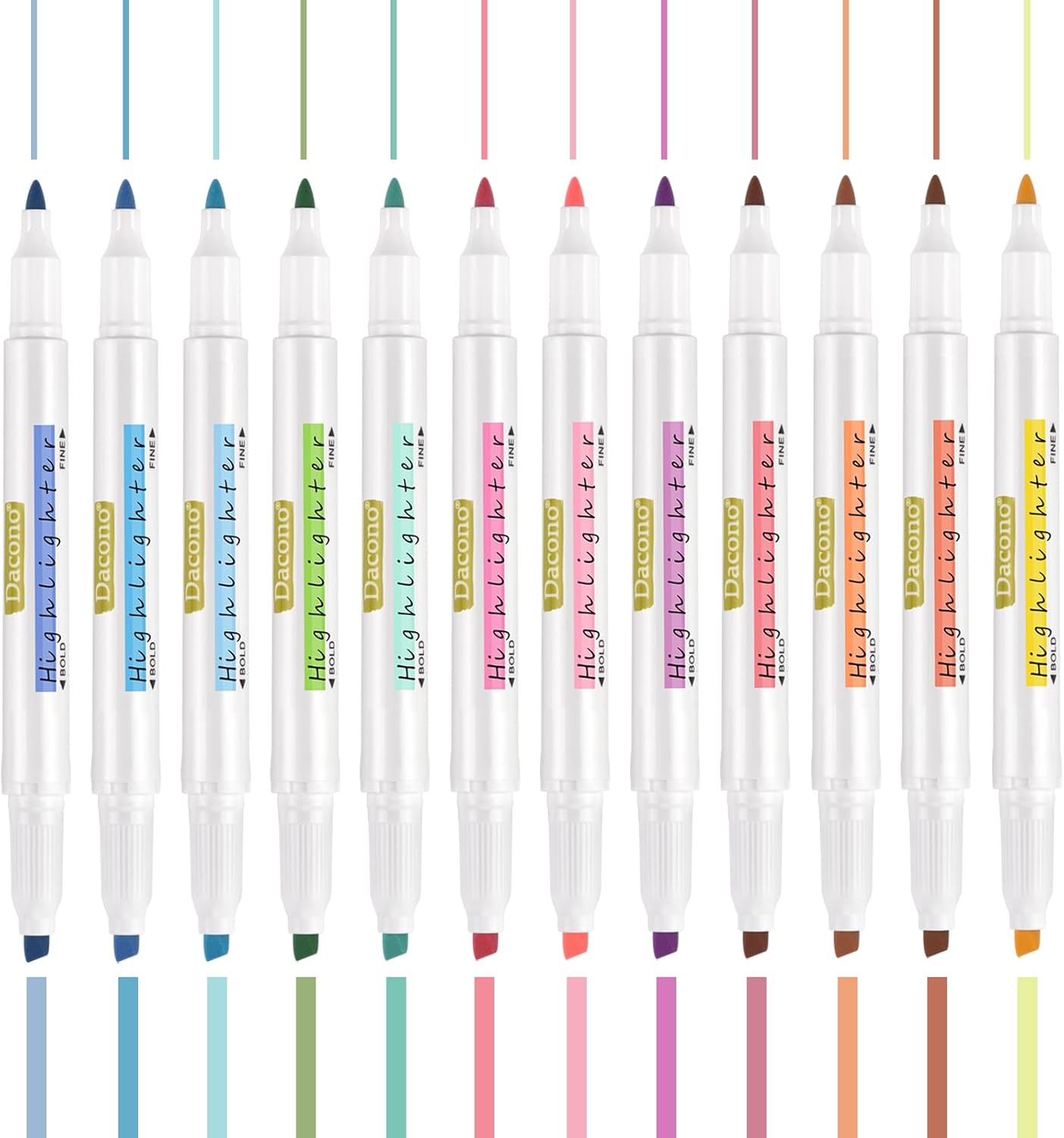 Dacono Evidenziatore a doppia estremità, 12 Pcs colori pastello pennarello a doppia punta, non sanguina e si asciuga velocemente, evidenziatori a scalpello e a punta fine per studenti ufficio 12 Pcs Dual Tips Stift - Immagine 2