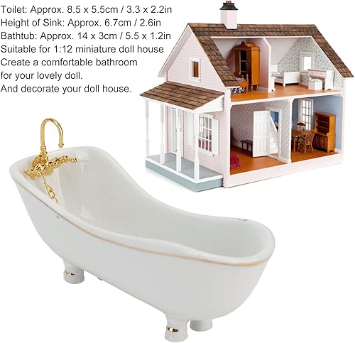 Miniatura 2 de 1:12 Juego de baño de casa de muñecas, juguetes de muebles en miniatura de cerámica retro blanca, juego de cepillo de espejo para lavabo de bañera